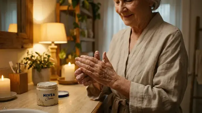 Eine ältere Frau cremt sich achtsam und sanft die Hände mit einer reichhaltigen Pflegelotion ein. Das Licht im Badezimmer ist warm und weich, die Atmosphäre entspannt.