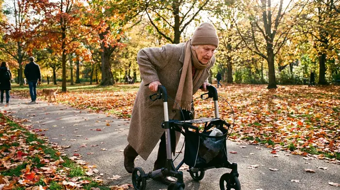 Eine Seniorin stützt sich beim Spaziergang im herbstlichen Park schwer auf ihren Rollator, ihr Gesichtsausdruck zeigt leichte Anstrengung, während sie langsam einen gepflasterten Weg entlanggeht.