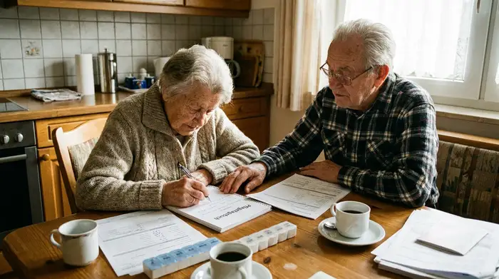 Ein älteres Ehepaar sitzt gemeinsam an einem hölzernen Küchentisch, umgeben von Papieren und Formularen. Die Frau schreibt konzentriert mit einem Stift in ein Notizbuch, das als Pflegetagebuch dient.