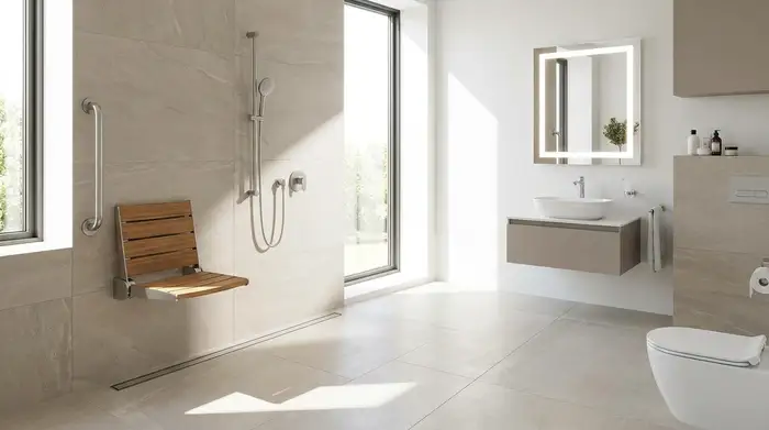 Ein modern eingerichtetes, helles und barrierefreies Badezimmer mit einer bodengleichen Dusche. Ein eleganter, an der Wand montierter Duschsitz und ein stabiler Haltegriff sorgen für Sicherheit.