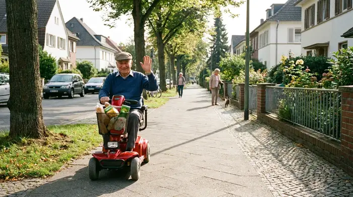Ein rüstiger Senior fährt an einem sonnigen Tag mit einem roten Elektromobil über einen breiten Bürgersteig in einem ruhigen Wohngebiet und lächelt zufrieden.