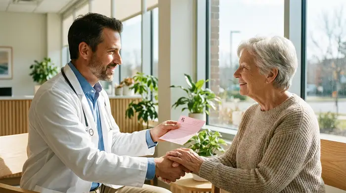 Ein freundlicher Arzt in einer hellen Praxis überreicht einer älteren Patientin ein rosafarbenes Rezept. Vertrauensvolle, professionelle Szene ohne sichtbaren Text.
