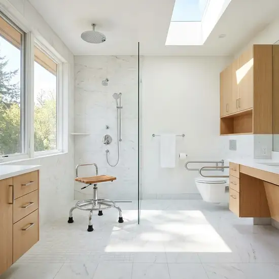 Ein helles, barrierefreies und modernes Badezimmer mit einer bodengleichen Dusche, in der ein eleganter, höhenverstellbarer Duschhocker mit rutschfesten Füßen steht.