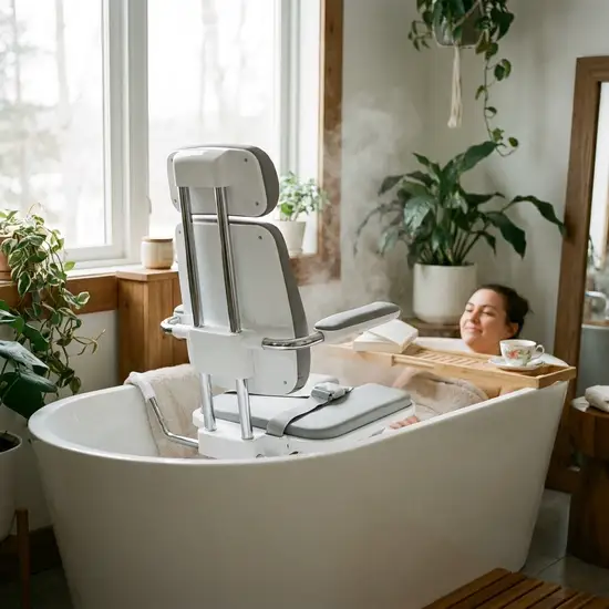 Ein sauberer, moderner Badewannenlift in einer weißen Badewanne, sanftes Tageslicht fällt durch das Fenster. Entspannte und sichere Atmosphäre.
