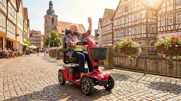 Eine aktive Seniorin fährt an einem sonnigen Tag mit einem modernen, roten Elektromobil auf einem gepflasterten Weg am Rand einer malerischen Altstadt.