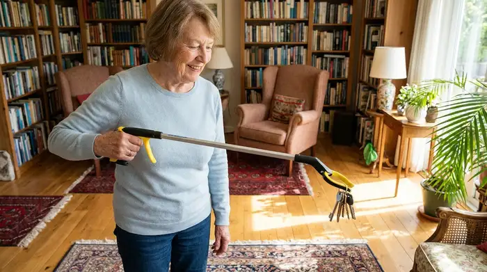 Eine ältere Person greift mit einer ergonomischen Greifzange mühelos nach einem Schlüsselbund auf dem Holzboden eines gemütlichen Wohnzimmers.