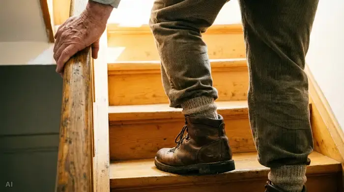 Nahaufnahme der Beine eines älteren Mannes, der in bequemer Alltagskleidung und festen Schuhen eine gut beleuchtete Treppe hinaufsteigt. Ein Fuß steht sicher auf der höheren Stufe, während die Hand den Handlauf fest umschließt.