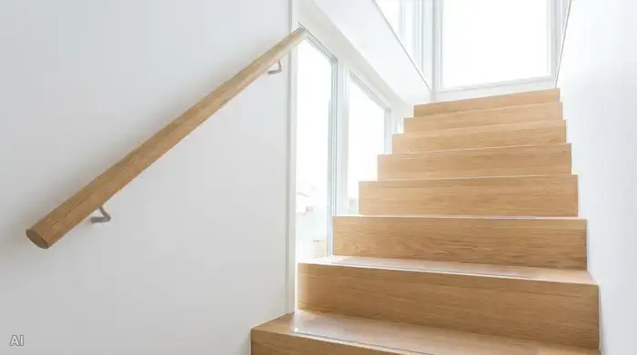 Eine moderne, helle Holztreppe im Innenbereich, die mit rutschfesten, unauffälligen Stufenmatten ausgestattet ist. Ein stabiler, runder Handlauf aus Holz verläuft an der weißen Wand.