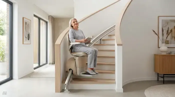 Ein moderner, bequemer Sitz-Treppenlift gleitet sanft an einer eleganten Schiene entlang einer geschwungenen Treppe nach oben. Eine zufriedene ältere Frau sitzt entspannt auf dem Polsterstuhl.