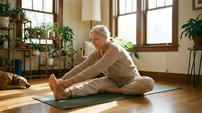 Eine vitale ältere Frau macht schonende Dehnübungen auf einer Yogamatte in einem sonnendurchfluteten Raum. Sie trägt bequeme Sportkleidung und wirkt konzentriert und entspannt.