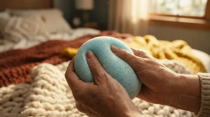 Nahaufnahme von sanft massierenden Händen, die einen weichen Schaumstoffball kneten. Im Hintergrund ein unscharfes, gemütliches Bett mit warmen Decken in einem lichtdurchfluteten Raum.