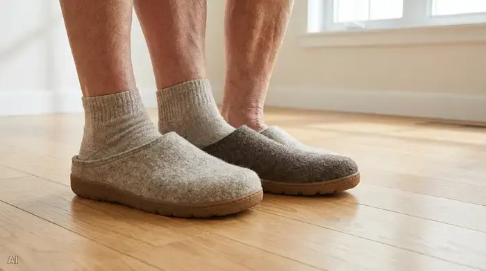 Nahaufnahme der Beine einer älteren Person, die sichere, geschlossene Hausschuhe mit Gummisohle trägt und auf einem glatten, hellen Holzboden steht. Die Umgebung ist ordentlich und gut beleuchtet.
