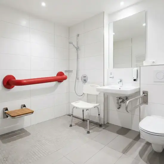Ein modernes, barrierefreies Badezimmer mit einer bodengleichen Dusche. An der weißen Wand ist ein roter, geriffelter Haltegriff montiert. Ein stabiler Duschhocker steht bereit.