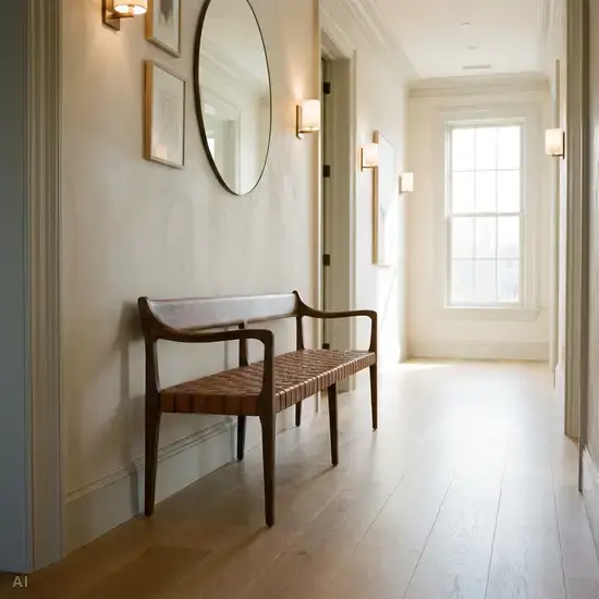 Ein gut ausgeleuchteter Flur in einem Wohnhaus. Eine schmale, stilvolle Bank mit Armlehnen steht an der Wand, bereit als Sitzgelegenheit. Der Boden ist komplett frei von Hindernissen.
