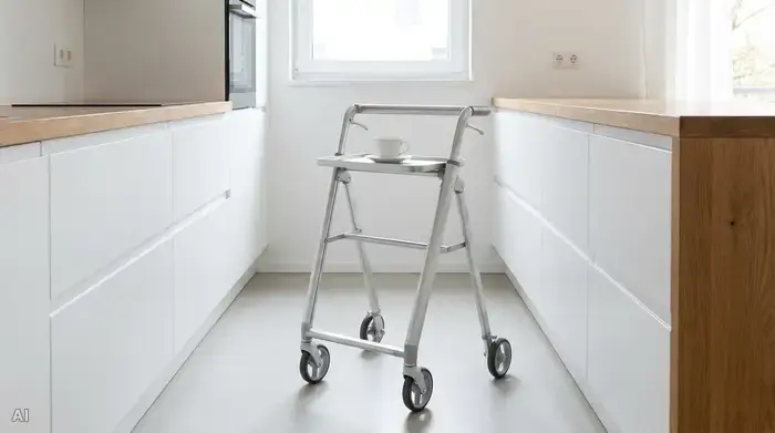Ein moderner, schmaler Wohnraum-Rollator aus leichtem Aluminium steht in einer sauberen Küche. Auf dem integrierten Tablett steht sicher eine weiße Tasse Kaffee.