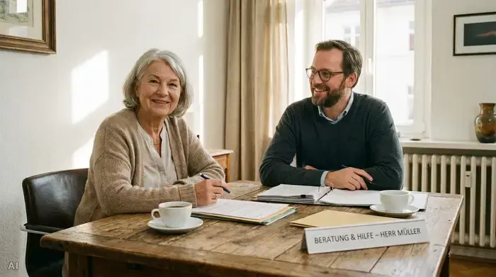 Eine ältere Frau und ein freundlicher Berater sitzen an einem Holztisch. Vor ihnen liegen Dokumente. Die Frau lächelt entspannt und hält einen Stift in der Hand.