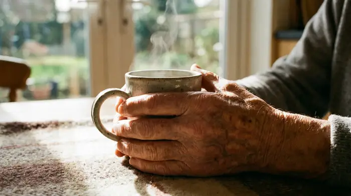 Nahaufnahme der Hände einer älteren Person, die sanft eine warme Kaffeetasse hält. Die Hände zeigen realistische Lebenslinien, die Szene ist ruhig und in warmes Morgenlicht getaucht.
