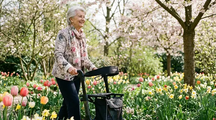 Eine gepflegte ältere Frau geht mit einem modernen Rollator sicher durch einen wunderschönen, blühenden Frühlingsgarten. Sie lächelt zufrieden und genießt die frische Luft.