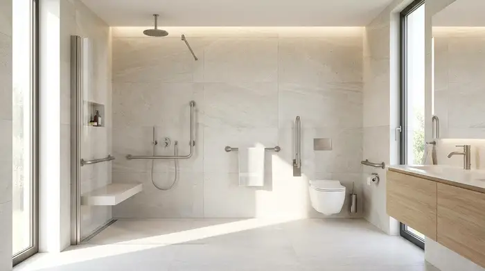 Ein helles, modernes und barrierefreies Badezimmer mit einer großzügigen, bodengleichen Dusche. Elegante Haltegriffe an der Wand sorgen für Sicherheit in einem stilvollen Ambiente.