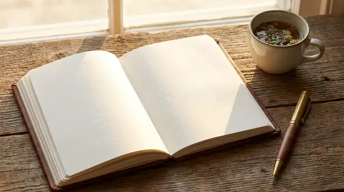Ein ordentlich geführtes Notizbuch liegt aufgeschlagen auf einem Holztisch neben einer Tasse Kräutertee und einem eleganten Kugelschreiber. Warmes Licht fällt auf die leeren Seiten.