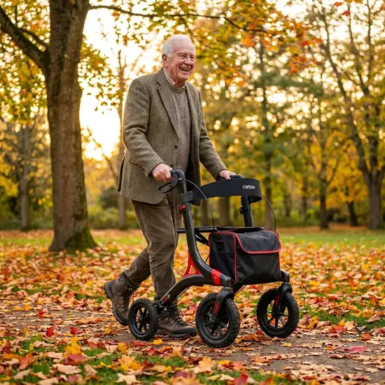 Ein rüstiger Senior spaziert mit einem modernen, leichten Carbon-Rollator durch einen herbstlichen Park. Er lächelt entspannt und genießt die schmerzfreie Bewegung an der frischen Luft.