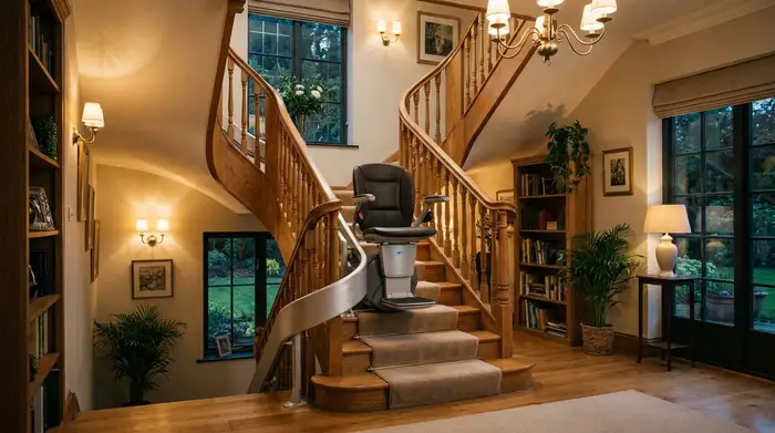 Ein eleganter Treppenlift gleitet sanft eine Holztreppe in einem gepflegten Einfamilienhaus hinauf. Warme Beleuchtung schafft eine gemütliche und sichere Atmosphäre.