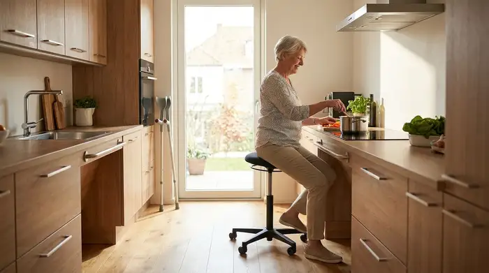 Eine ältere Dame bereitet in einer modernen, barrierefreien Küche Gemüse zu. Sie sitzt dabei entspannt auf einem ergonomischen Stehsitz am Herd.