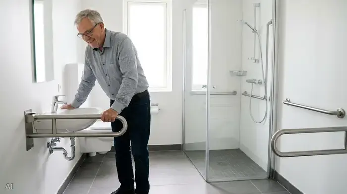 Ein älterer Herr steht in einem hellen Badezimmer und stützt sich sicher auf einen stabilen, modernen Haltegriff neben dem Waschbecken. Die Umgebung ist aufgeräumt, sicher und rutschfest.