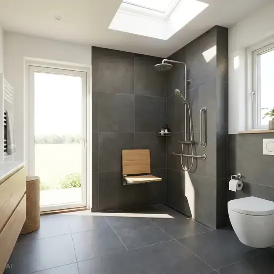 Eine moderne, bodengleiche Dusche mit rutschfesten, anthrazitfarbenen Fliesen und einem eleganten Duschklappsitz aus hellem Holz. Das Badezimmer ist lichtdurchflutet und komplett barrierefrei gestaltet.