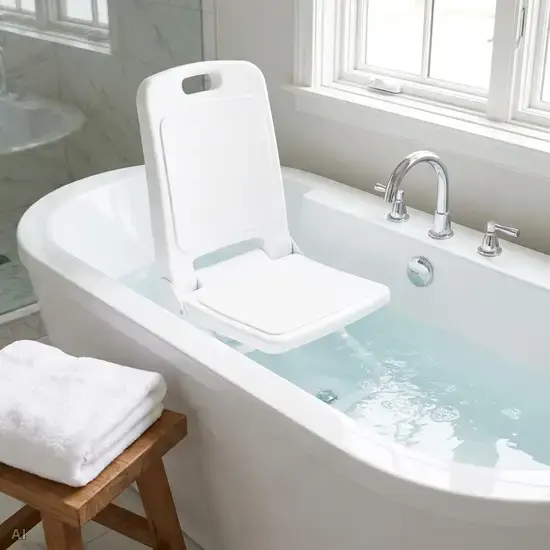 Ein komfortabler, weißer Badewannenlift steht in einer blitzsauberen Badewanne. Das Wasser ist leicht eingelassen, ein flauschiges Handtuch liegt griffbereit auf einem kleinen Holzhocker daneben.