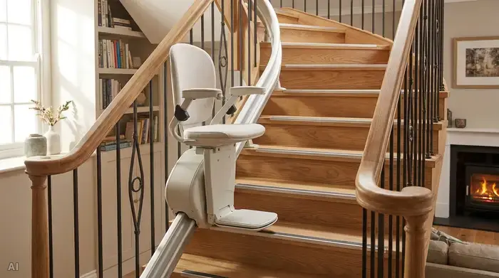 Ein moderner, bequemer Sitz-Treppenlift fährt sanft eine geschwungene Holztreppe in einem gemütlichen Einfamilienhaus hinauf. Die Treppe verfügt über beidseitige Handläufe und gut sichtbare Stufenkanten.