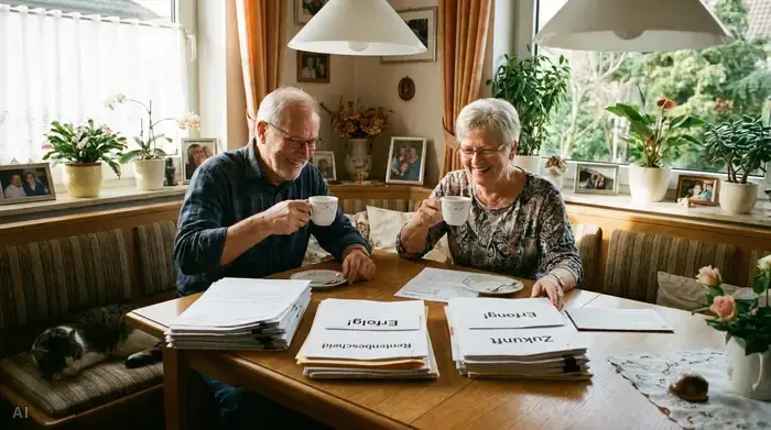 Ein älteres Ehepaar sitzt entspannt am Esstisch, trinkt Kaffee und schaut lächelnd auf einige ordentlich sortierte Dokumente. Die Stimmung ist erleichtert, hoffnungsvoll und positiv.