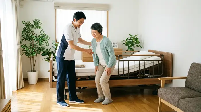 Ein professioneller Pfleger zeigt einer älteren Dame, wie sie sich mit leicht gebeugten Knien und geradem Rücken sicher an einem modernen Pflegebett aufrichtet. Das Zimmer ist hell und aufgeräumt, die Stimmung ruhig und konzentriert.