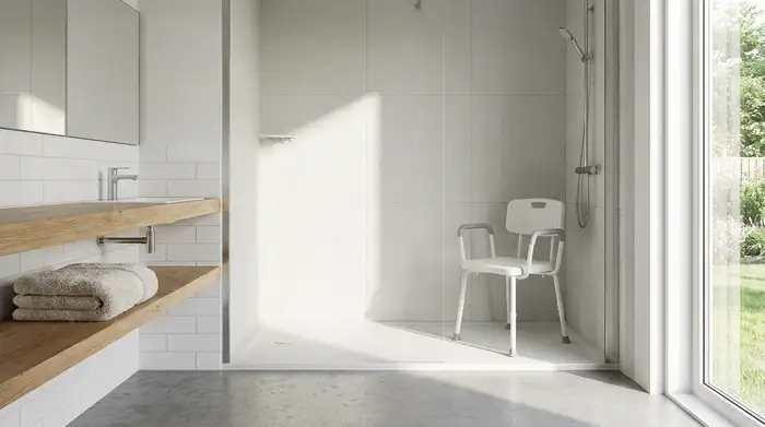 Ein modernes, helles Badezimmer mit einer ebenerdigen Dusche. In der Dusche steht ein sicherer, weißer Duschstuhl mit Armlehnen auf rutschfesten Fliesen. Ein flauschiges Handtuch liegt griffbereit auf einer Ablage.