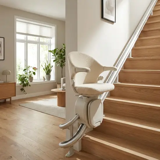 Ein eleganter, moderner Treppenlift an einer hellen Holztreppe in einem gepflegten Einfamilienhaus. Der Sitz ist bequem gepolstert und fügt sich harmonisch in die wohnliche Umgebung ein.