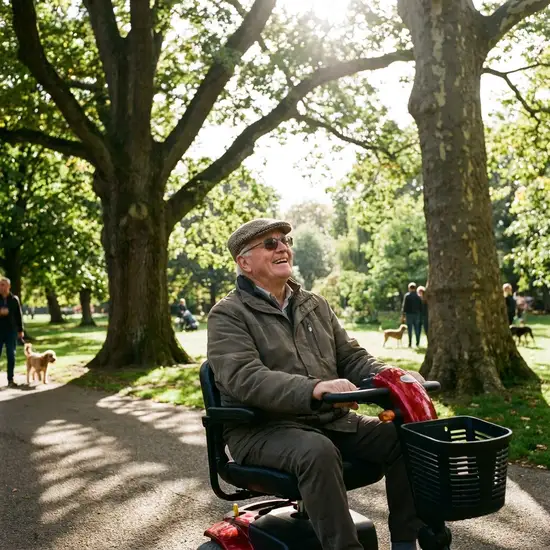 Ein fröhlicher älterer Herr fährt an einem sonnigen Tag mit einem roten Elektromobil durch einen grünen Park und genießt sichtlich die frische Luft unter großen Bäumen.