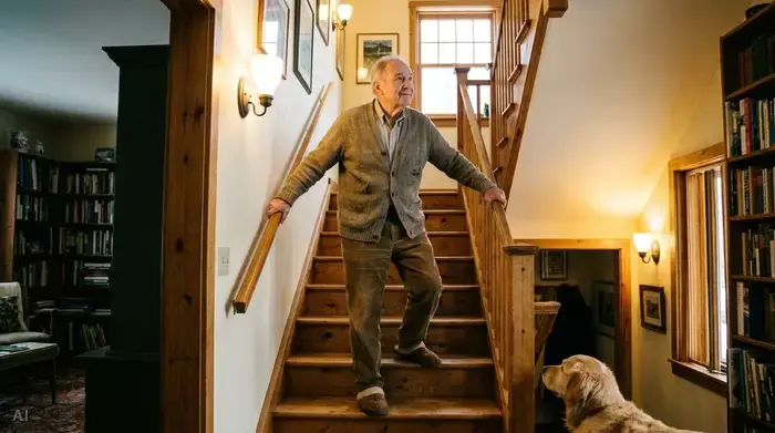 Ein älterer Herr in bequemer Kleidung steht an einer gut beleuchteten Holztreppe im Haus und hält sich mit beiden Händen fest an zwei Handläufen, bereit für den sicheren Aufstieg.
