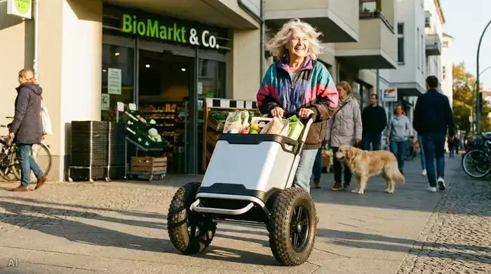 Eine lächelnde Seniorin zieht mühelos einen modernen Einkaufstrolley mit großen Rädern über einen sonnigen Bürgersteig vor einem Lebensmittelgeschäft.