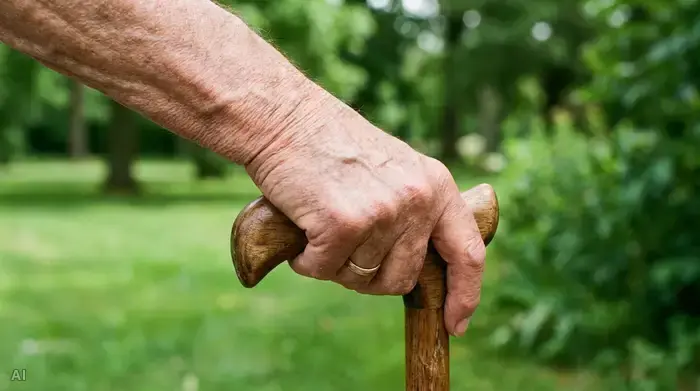 Nahaufnahme einer älteren Hand, die sich korrekt auf den ergonomischen Griff eines Gehstocks stützt. Der Arm ist leicht angewinkelt, im Hintergrund eine verschwommene, grüne Parklandschaft.