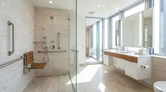 Ein helles, modernes und barrierefreies Badezimmer mit einer großzügigen, bodengleichen Dusche, einem klappbaren Duschsitz und stabilen Edelstahl-Haltegriffen an den eleganten Fliesenwänden.