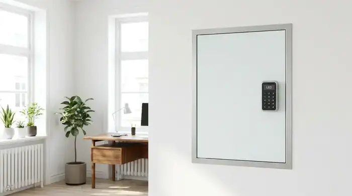 Ein moderner, verschlossener Medikamentenschrank mit einem Zahlenkombinationsschloss hängt sicher an der weißen Wand eines hellen Arbeitszimmers. Keine Inhalte sind von außen sichtbar.