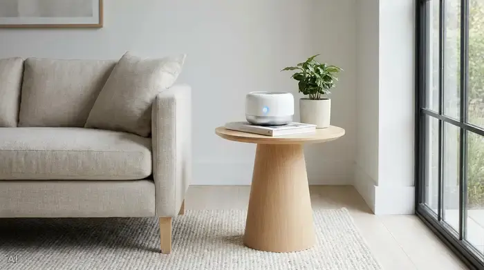Ein runder, moderner elektronischer Spender steht auf einem sauberen Beistelltisch in einem ordentlichen Wohnzimmer. Eine kleine, leuchtende Lampe am Gerät signalisiert Aktivität.