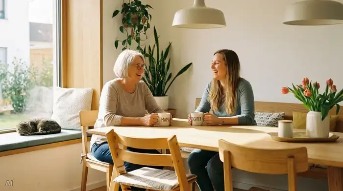 Eine ältere Dame und ihre Tochter sitzen entspannt am Küchentisch und trinken Tee. Der Raum ist hell, modern und strahlt eine geborgene, sichere Atmosphäre aus.