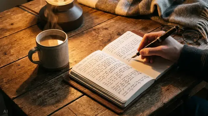 Ein aufgeschlagenes Notizbuch liegt auf einem rustikalen Holztisch, daneben eine dampfende Tasse Kaffee und ein eleganter Stift. Eine Hand schreibt gerade sorgfältig Einträge in das Buch. Die Beleuchtung ist warm und heimelig.