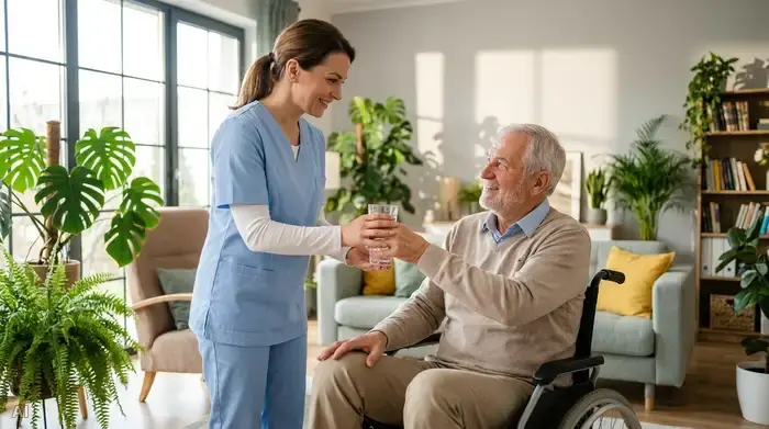 Eine professionelle Pflegekraft in hellblauer Dienstkleidung reicht einem lächelnden Senior im Rollstuhl behutsam ein Glas Wasser. Im Hintergrund ist ein modernes, lichtdurchflutetes Wohnzimmer mit vielen Pflanzen zu sehen.