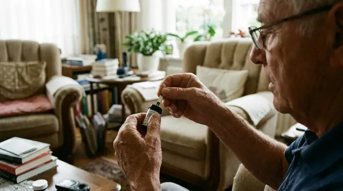 Ein älterer Herr mit Lesebrille entnimmt vorsichtig einen Blutzuckerteststreifen aus einer kleinen Dose. Heller Wohnraum, fokussiert auf die Hände und das medizinische Material, realistisch, ohne Text.