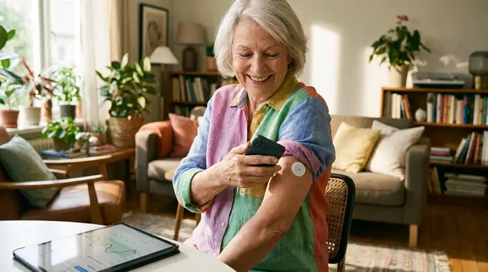 Eine rüstige Rentnerin scannt einen runden Glukosesensor an ihrem Oberarm mit einem Smartphone. Sonniges Wohnzimmer, positive Stimmung, moderne Gesundheitsversorgung im Alter, ohne Text.