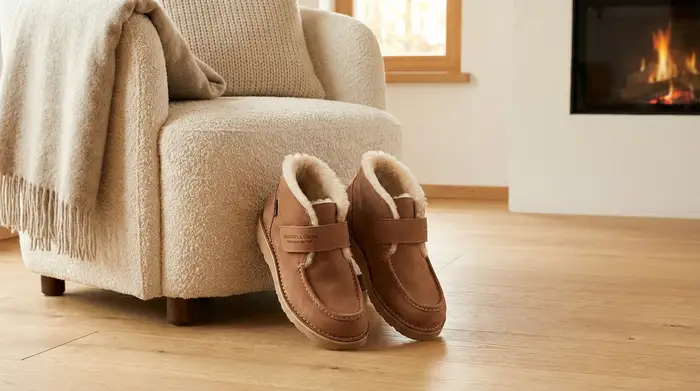 Ein Paar weiche, gut gepolsterte orthopädische Schuhe stehen ordentlich auf einem hellen Holzboden neben einem bequemen Sessel. Fokus auf die hochwertige Verarbeitung der Schuhe, gemütliche Wohnatmosphäre.