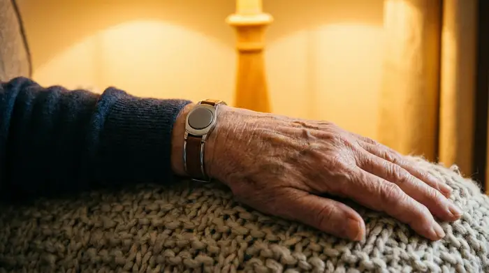 Nahaufnahme des Handgelenks einer älteren Person, die einen unauffälligen Hausnotruf-Knopf als Armband trägt. Die Hand ruht entspannt auf einer weichen Decke. Warmes Licht, vermittelt Sicherheit und Geborgenheit.