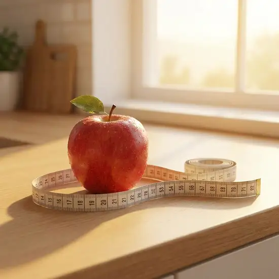 Ein frischer roter Apfel und ein Maßband liegen auf einer sauberen Küchenarbeitsplatte, beleuchtet von weichem, warmem Morgenlicht.